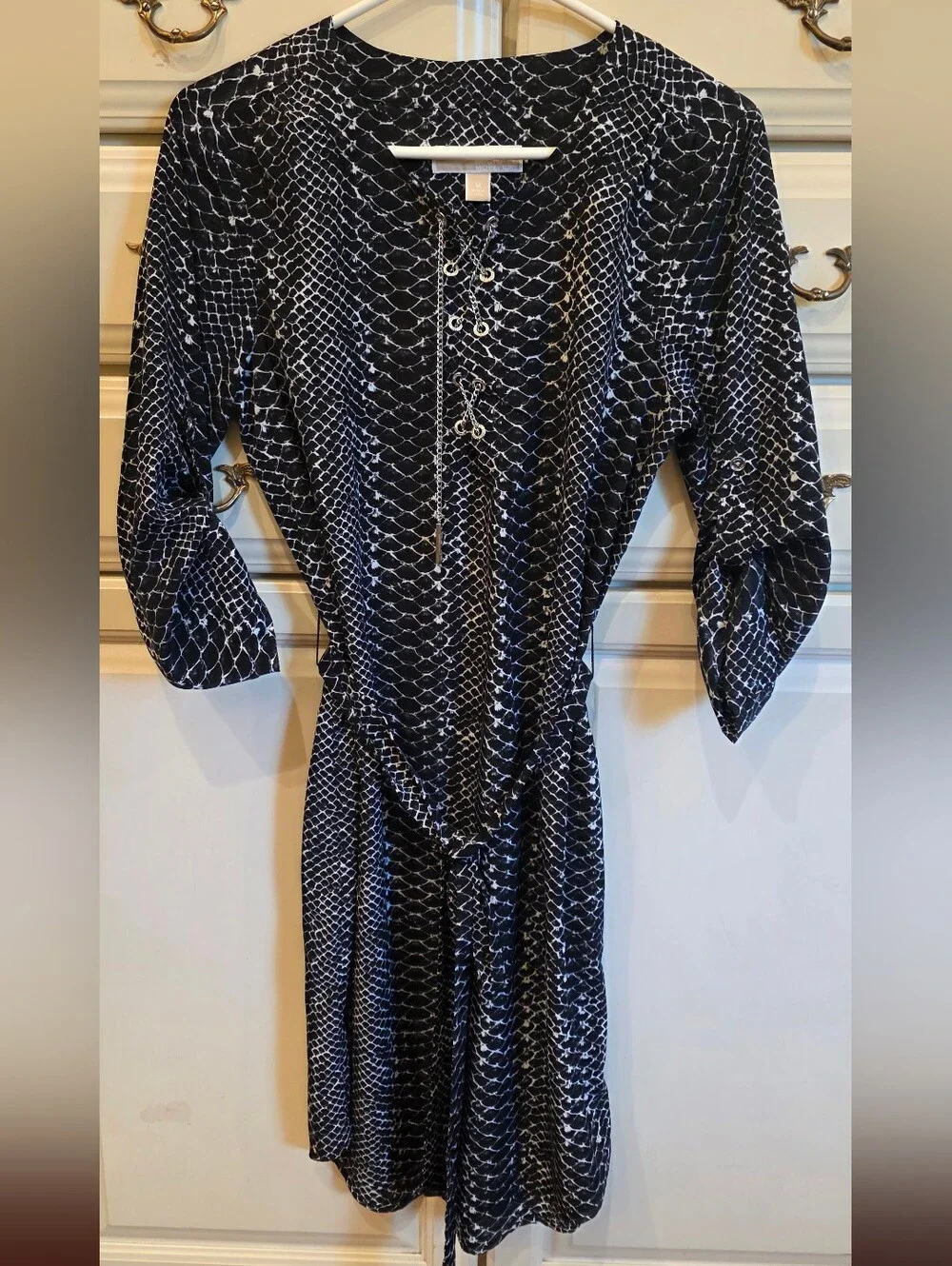 Michael Kors Black and White Lace-Up 3/4 Sleeve Dress